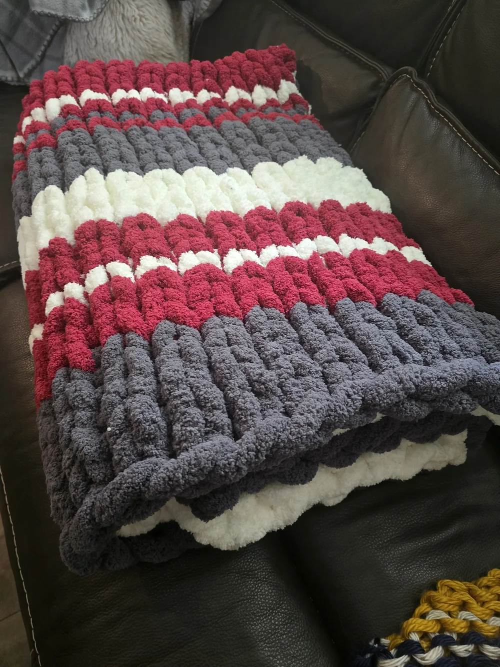 Hand Made Chunky Striped Knit Throw Blanket - Red, Gray & White